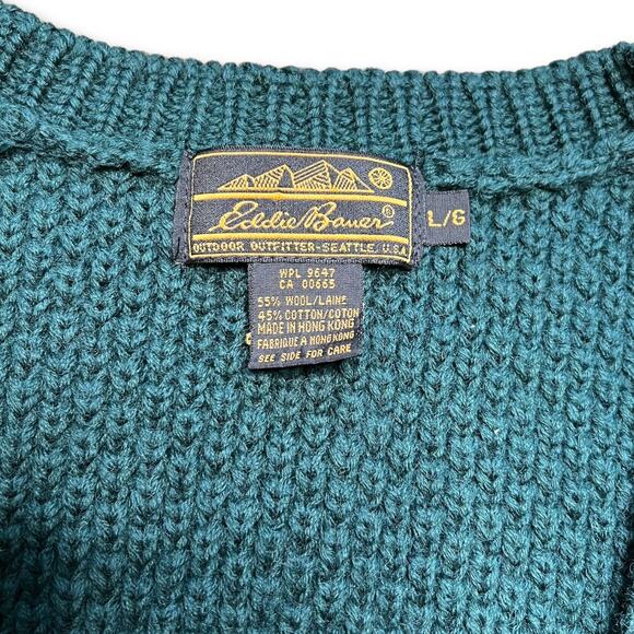 Vintage Chunky Wool Blend Green Grandpa Sweater Large Eddie Bauer - Picture 4 of 6
